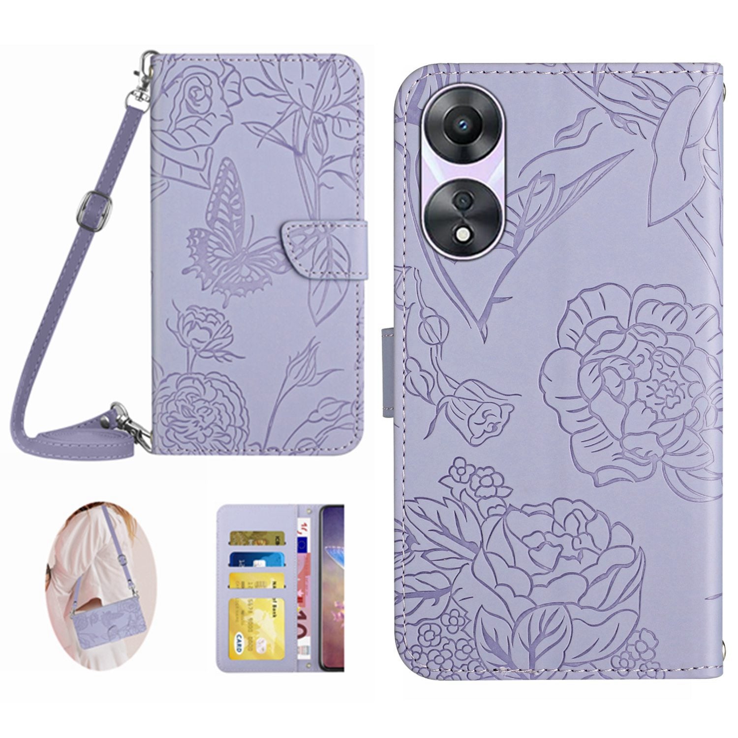 HT03 For Oppo Reno8 T 4G Butterfly Flowers Imprinted Wallet Stand Case Leather TPU Cover with Shoulder Strap HT03 For Oppo Reno8 T 4G Butterfly Flowers Imprinted Wallet Stand Case Leather TPU Cover with Shoulder Strap